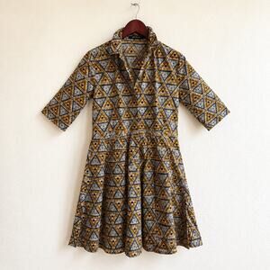 Sofie D’Hoore Geometric Cotton Shirt Dress Mustard Gray Pleated Midi Size S